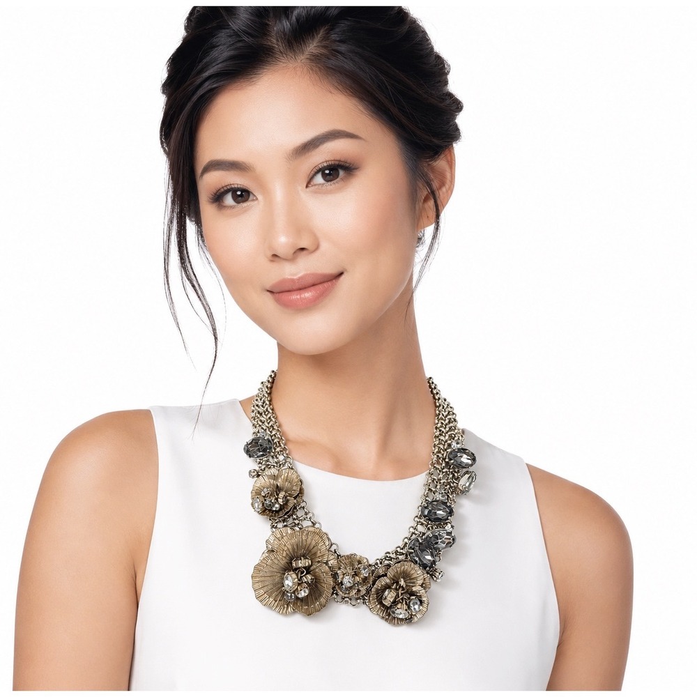 LOFT Silver Tone Floral Necklace Smoke Grey Crystal Bib Asymmetrical 103-160